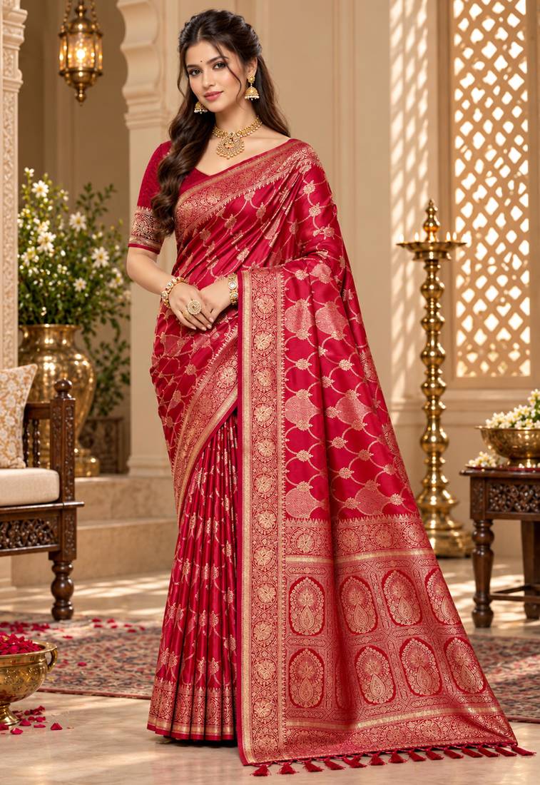 sangam prints crimson satin woven work traditional saree
