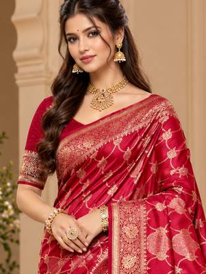 sangam prints crimson satin woven work traditional saree 2