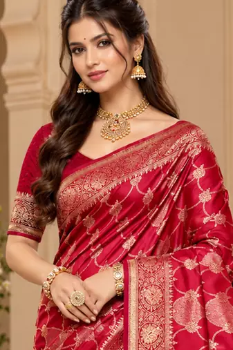 sangam prints crimson satin woven work traditional saree