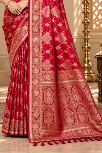 sangam prints crimson satin woven work traditional saree