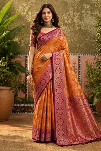 sangam prints dusty rose brown soft silk blend woven work traditional saree