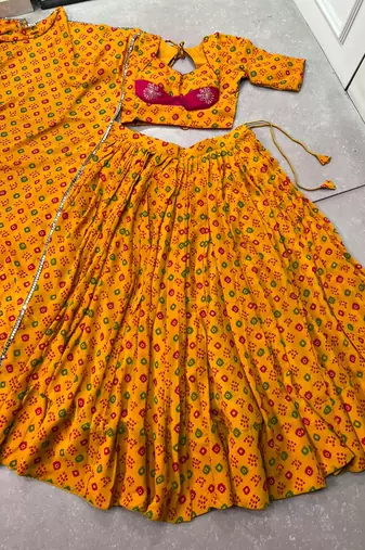 women's printed georgette bandhej printed lehenga choli with dupatta for navratri - free size