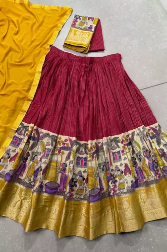 Women's Poly Chanderi Kalamkari Printed Lehenga Choli with Georgette Dupatta