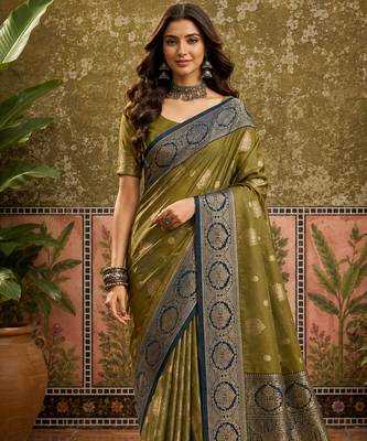 sangam prints olive green soft silk blend woven work traditional saree 1