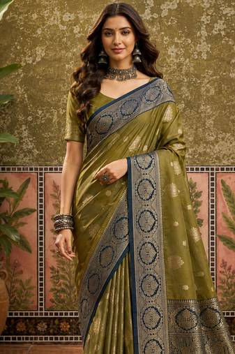 sangam prints olive green soft silk blend woven work traditional saree