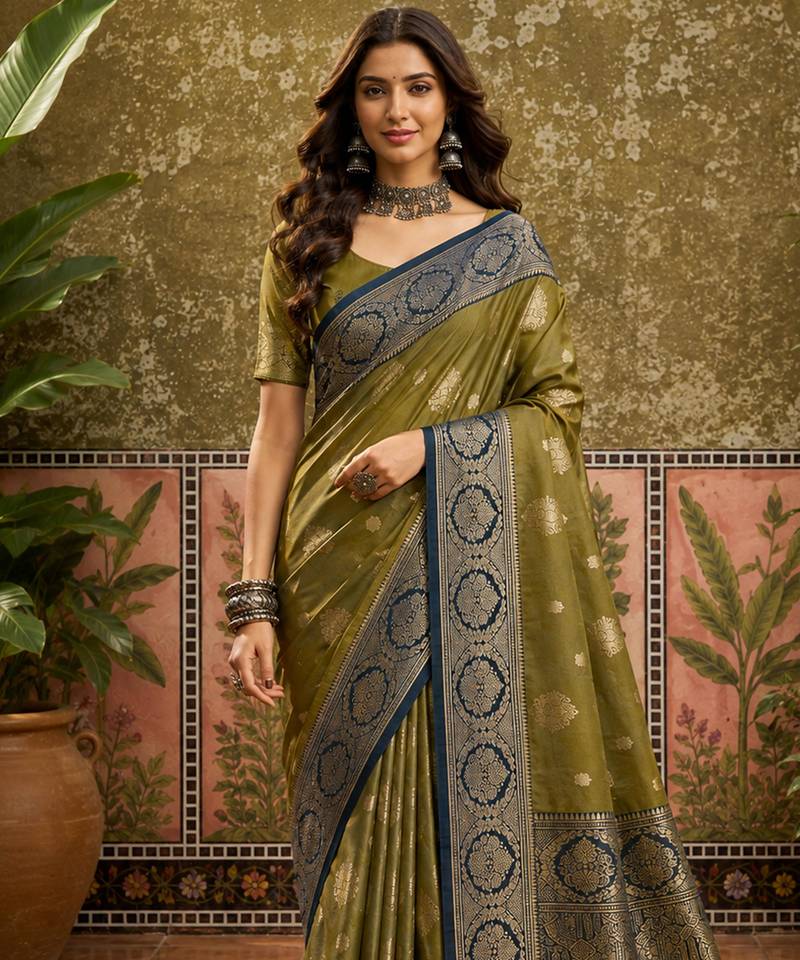 sangam prints olive green soft silk blend woven work traditional saree