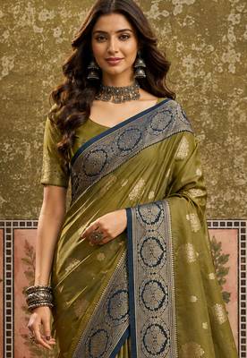 sangam prints olive green soft silk blend woven work traditional saree 2