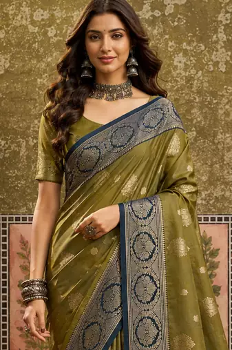 sangam prints olive green soft silk blend woven work traditional saree