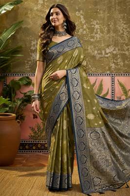 sangam prints olive green soft silk blend woven work traditional saree 3