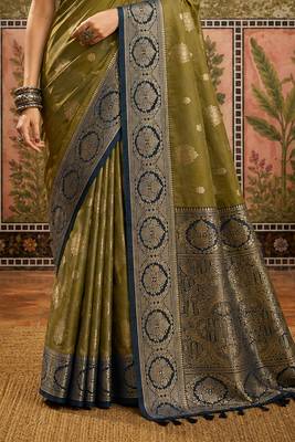 sangam prints olive green soft silk blend woven work traditional saree 4