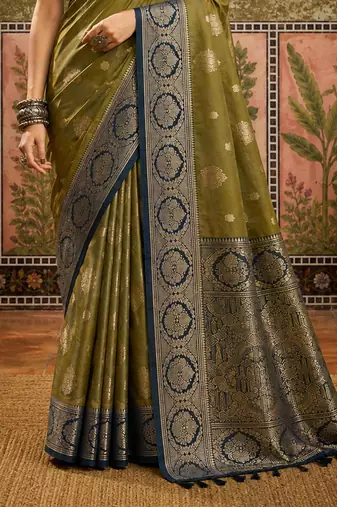 sangam prints olive green soft silk blend woven work traditional saree