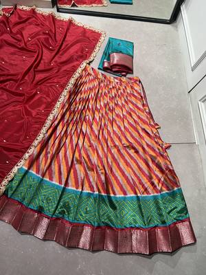 Women Leheriya Print Tasar Silk Lehenga Set with Zari Work & Chinon Sequins Dupatta 5