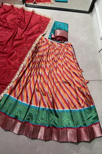 Women Traditional Leheriya Print Tasar Silk Lehenga Set with Zari Work & Chinon Sequins Dupatta