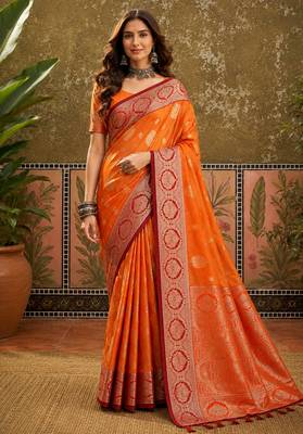 sangam prints bright orange soft silk blend woven work traditional saree 1
