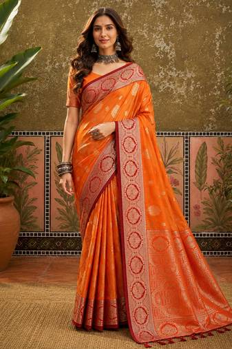 sangam prints bright orange soft silk blend woven work traditional saree
