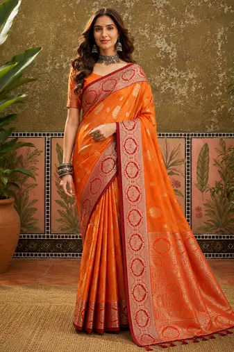 sangam prints bright orange soft silk blend woven work traditional saree
