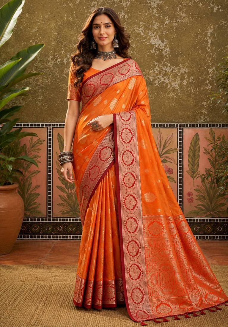 sangam prints bright orange soft silk blend woven work traditional saree