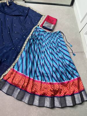 Women Leheriya Print Tasar Silk Lehenga Set with Zari Work & Chinon Sequins Dupatta 5