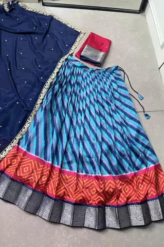 Women Traditional Leheriya Print Tasar Silk Lehenga Set with Zari Work & Chinon Sequins Dupatta