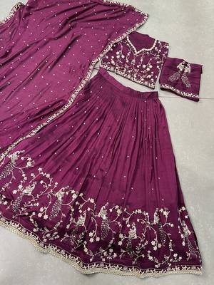 Women's Wine Vichitra Silk Sequins & Thread Embroidery Stitched Lehenga Choli with Dupatta 5