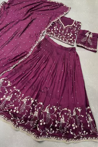 Women's Wine Vichitra Silk Sequins & Thread Embroidery Stitched Lehenga Choli with Dupatta