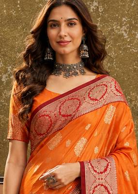 sangam prints bright orange soft silk blend woven work traditional saree 2