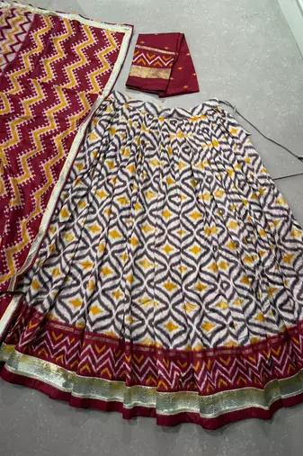 Women Ikat Printed Tasar Silk Lehenga Choli Set with Foil Print Detailing