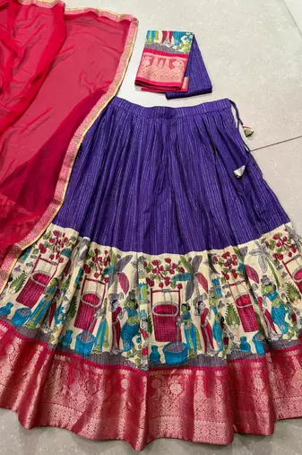 Women's Poly Chanderi Kalamkari Printed Lehenga Choli with Georgette Dupatta