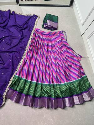 Women Leheriya Print Tasar Silk Lehenga Set with Zari Work & Chinon Sequins Dupatta 5