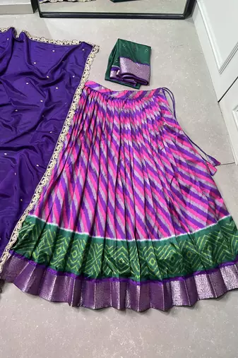 Women Traditional Leheriya Print Tasar Silk Lehenga Set with Zari Work & Chinon Sequins Dupatta