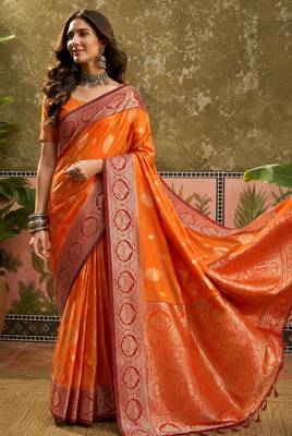 sangam prints bright orange soft silk blend woven work traditional saree 3