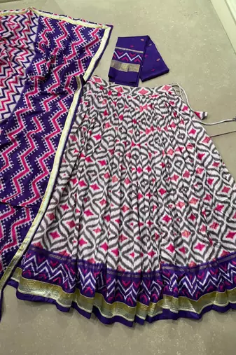 Women Ikat Printed Tasar Silk Lehenga Choli Set with Foil Print Detailing