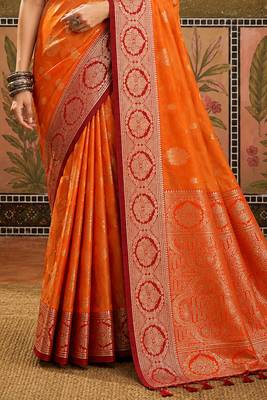 sangam prints bright orange soft silk blend woven work traditional saree 4