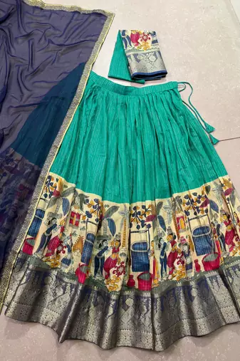 Women's Poly Chanderi Kalamkari Printed Lehenga Choli with Georgette Dupatta