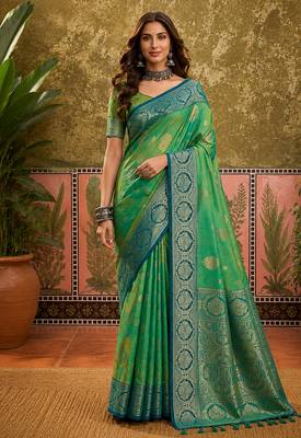 sangam prints emerald green soft silk blend woven work traditional saree 1