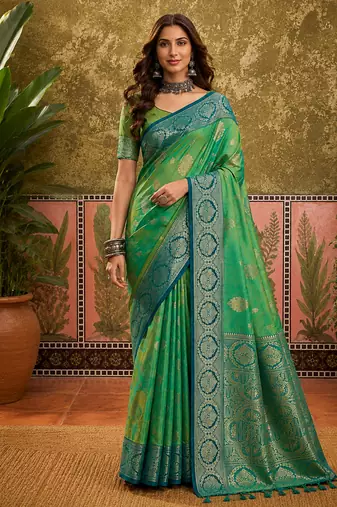 sangam prints emerald green soft silk blend woven work traditional saree