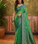 sangam prints emerald green soft silk blend woven work traditional saree