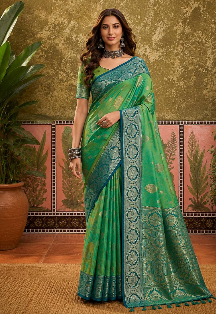 sangam prints emerald green soft silk blend woven work traditional saree