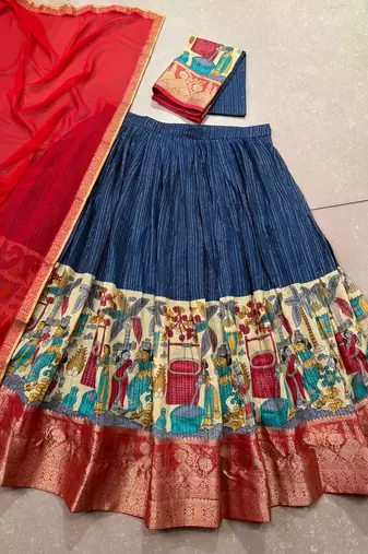 Women's Poly Chanderi Kalamkari Printed Lehenga Choli with Georgette Dupatta
