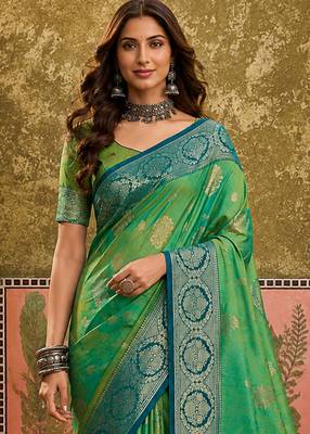sangam prints emerald green soft silk blend woven work traditional saree 2