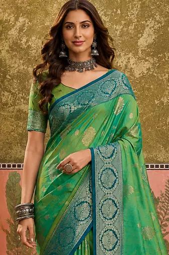 sangam prints emerald green soft silk blend woven work traditional saree