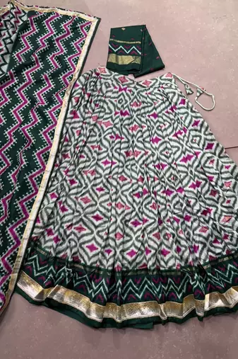 Women Ikat Printed Tasar Silk Lehenga Choli Set with Foil Print Detailing
