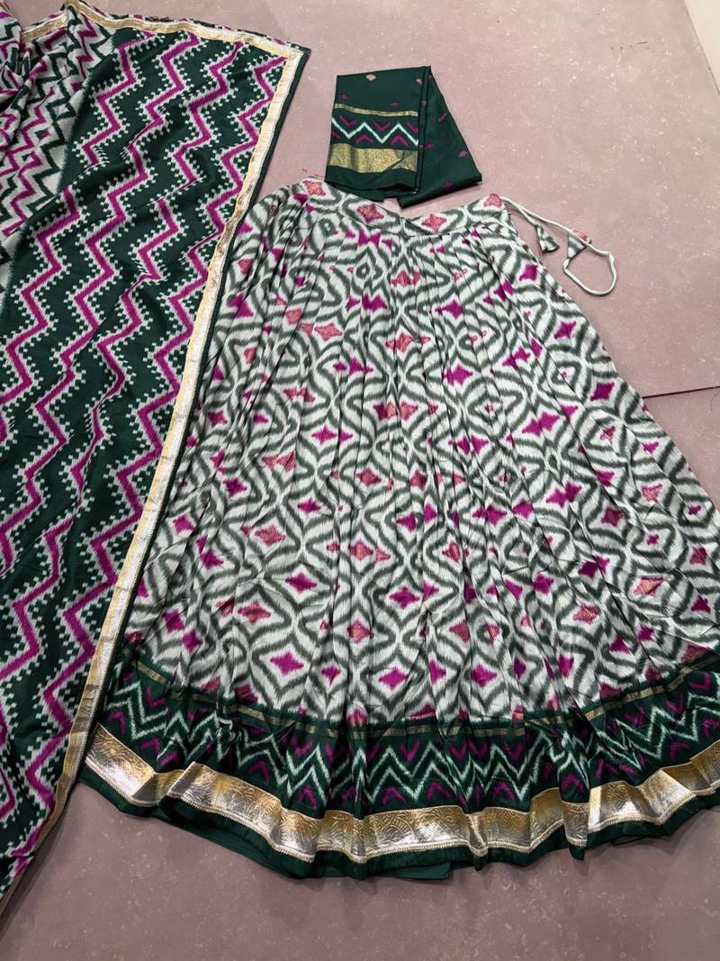 Women Ikat Printed Tasar Silk Lehenga Choli Set with Foil Print Detailing