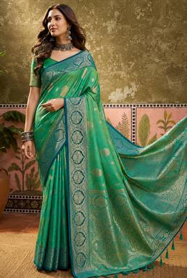 sangam prints emerald green soft silk blend woven work traditional saree 3
