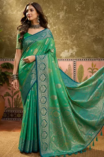 sangam prints emerald green soft silk blend woven work traditional saree