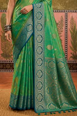 sangam prints emerald green soft silk blend woven work traditional saree 4