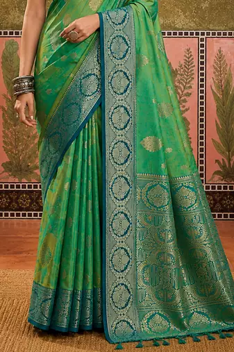 sangam prints emerald green soft silk blend woven work traditional saree