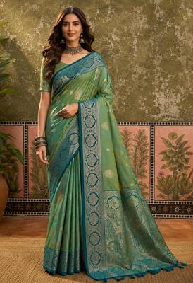sangam prints green soft silk blend woven work traditional saree 1