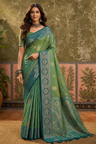 sangam prints green soft silk blend woven work traditional saree