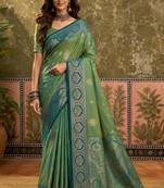 sangam prints green soft silk blend woven work traditional saree